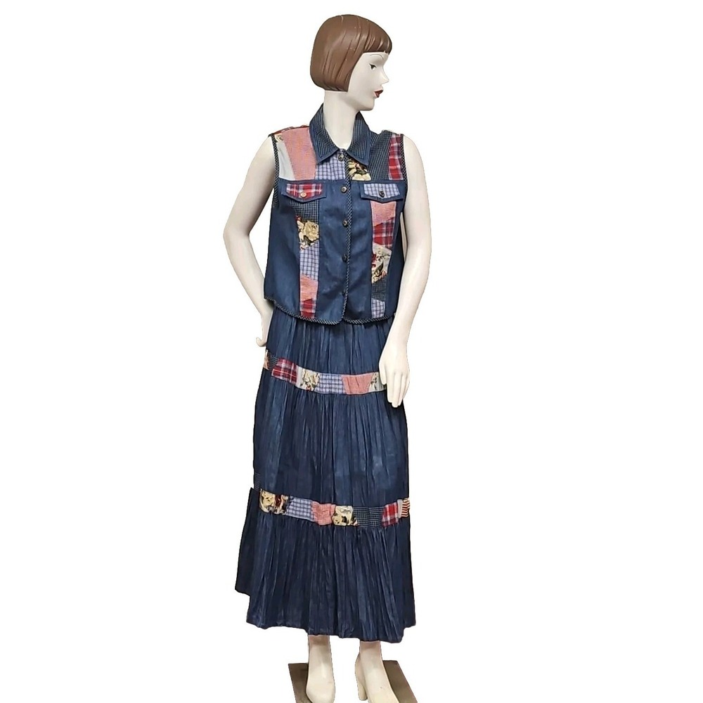 Vintage‎ Koret City Blues Broomstick Denim Skirt & Top Patchwork Pull On Maxi
